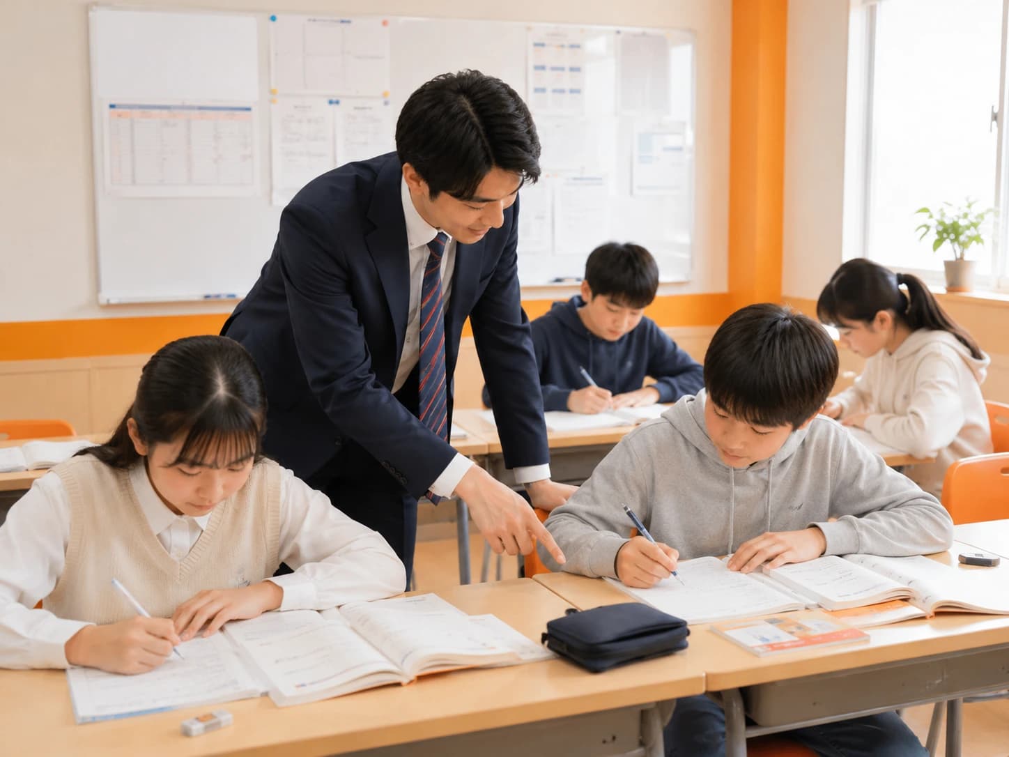 机を回りながら生徒一人ひとりのノートを確認する講師